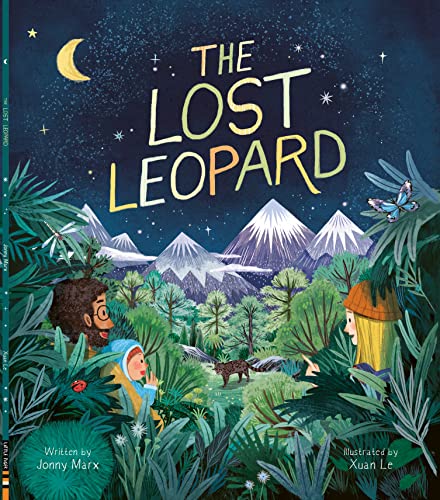 Book cover: children looking at a leopard in a mountainous forest.