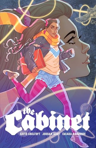 Book cover: young woman running, with a large face in the background.