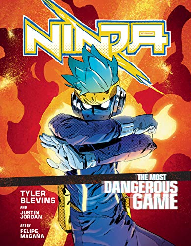 Graphic novel cover featuring a blue-haired ninja against a fiery background.