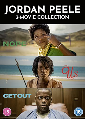 DVD cover featuring Jordan Peele films: Get Out, Us, and Nope.