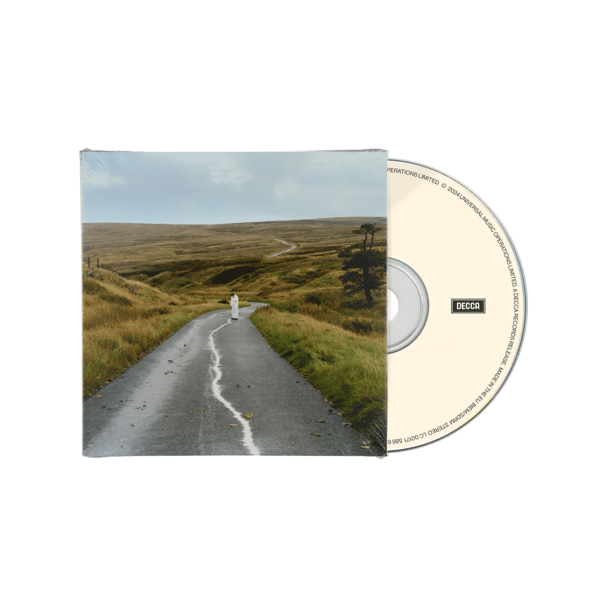 CD case with a grayscale image of a road and distant figure.