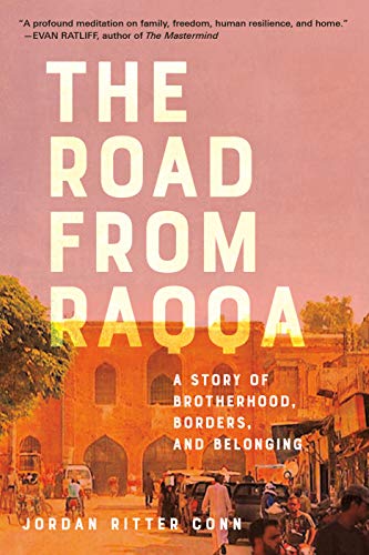 Book cover with large title text over a street scene in Raqqa.