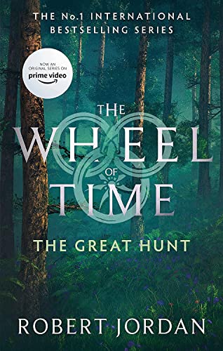 Book cover for The Great Hunt by Robert Jordan featuring a dark forest background.