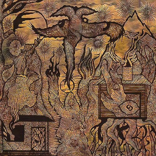 Intricate, detailed illustration of animals and buildings in a swirling, golden landscape.