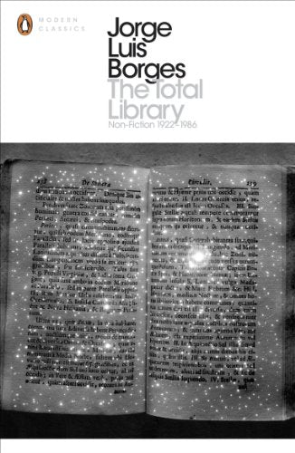 Book cover: "The Total Library" by Jorge Luis Borges, with open book imagery.