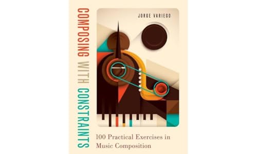 Book cover with abstract geometric design, piano keys, and red title text.