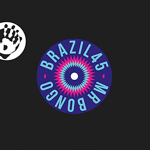 Vinyl record label with abstract colorful design and a handprint.