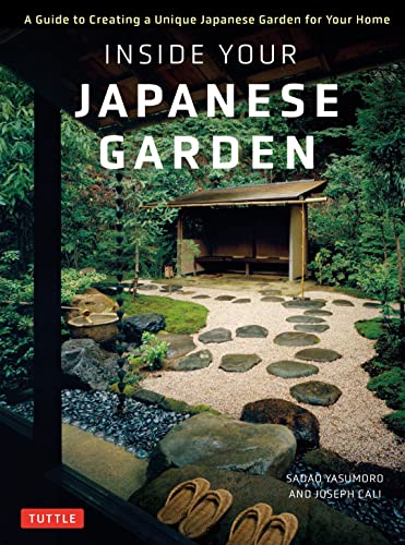 Book cover showing a Japanese garden with stepping stones, a wooden pavilion, and sandals.