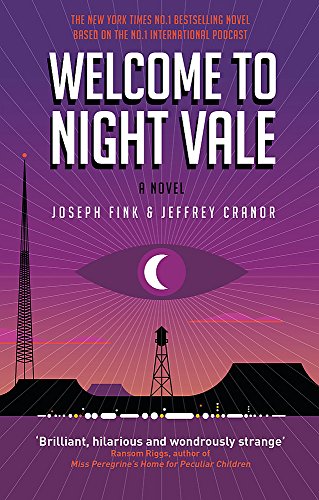 Book cover featuring a purple sky, a giant eye, radio tower, and desert landscape.
