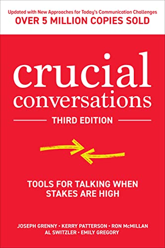 Book cover of Crucial Conversations Third Edition with red background and yellow arrows.