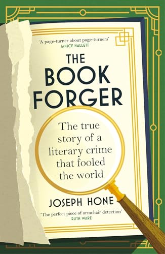 Book cover with magnifying glass, title “The Book Forger” in bold text.