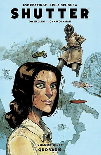 Comic book cover: woman’s face with figures and a map background.
