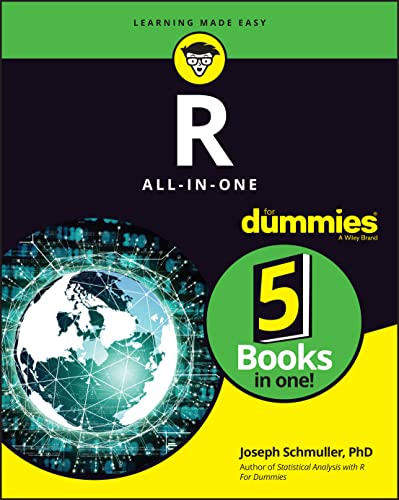 Book cover for “R All-in-One For Dummies” with globe and code imagery.