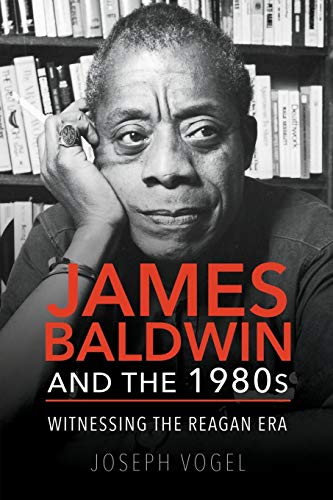 Black and white portrait of James Baldwin, book cover with red text.