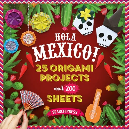 Origami kit with Mexican-themed paper crafts and a red background.