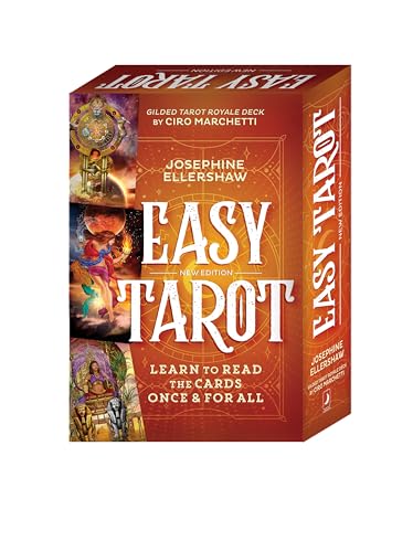 Red tarot card box with illustrated figures and gold lettering.