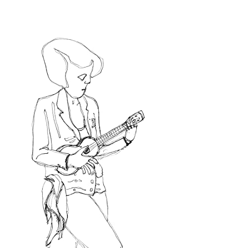 Line drawing of a woman playing a small guitar or ukulele.