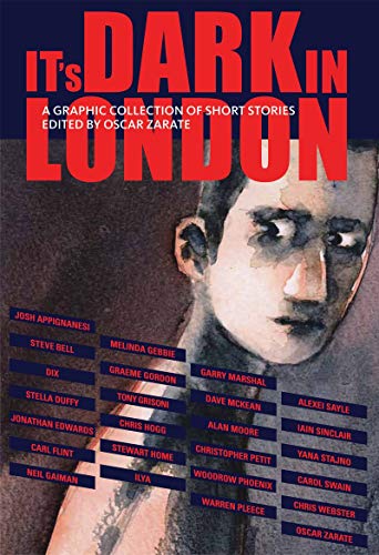 Book cover: "It's Dark in London" with a watercolor portrait of a man.