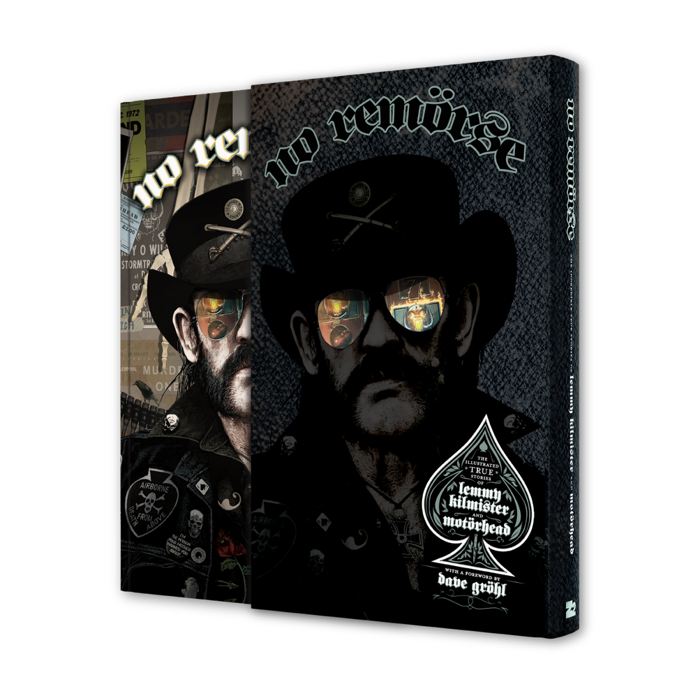 Book cover for "No Remorse" featuring Lemmy Kilmisterās portrait in black and white.