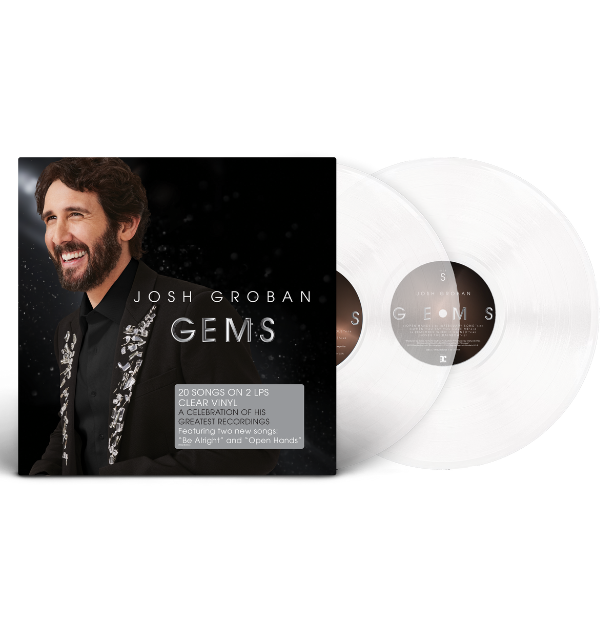 Josh Groban Gems album cover and two clear vinyl records.