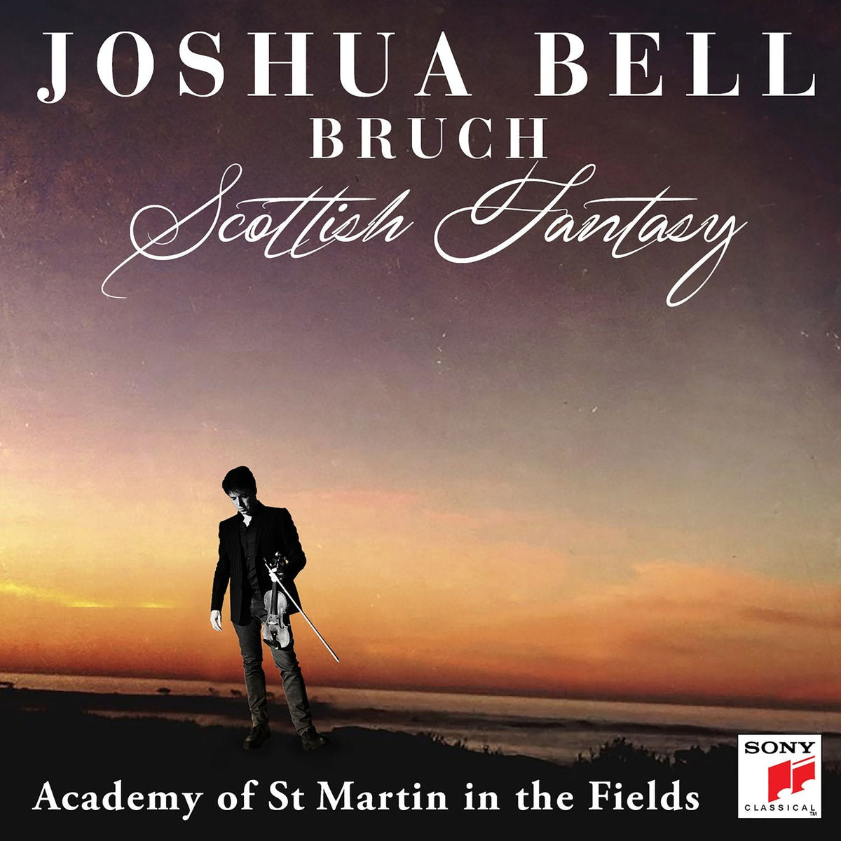 "CD cover featuring a man with a violin at dusk."