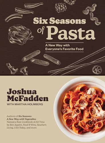 Cookbook cover with pasta illustrations and a bowl of red pasta.