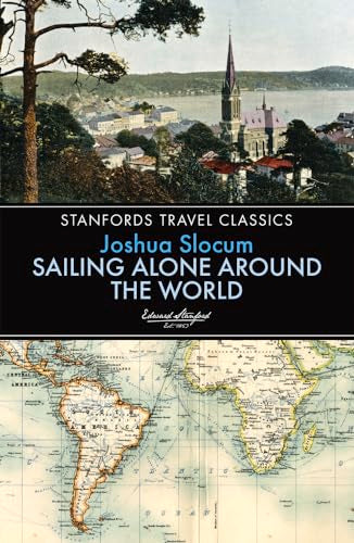 Book cover: “Sailing Alone Around the World” with coastal scene and maps.