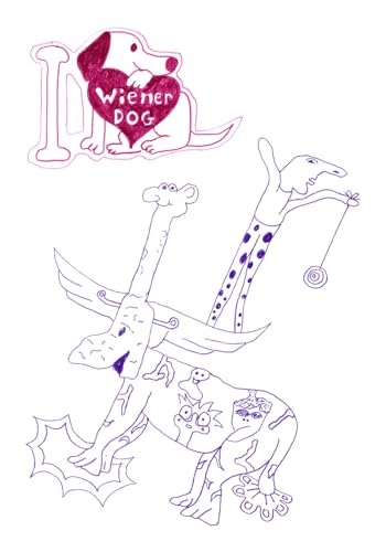 Hand-drawn illustration of dachshunds and whimsical creatures in purple ink.