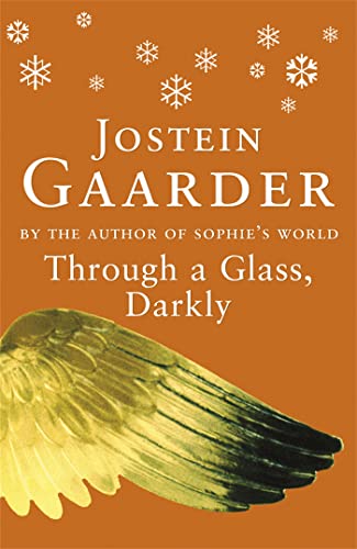 Book cover: "Through a Glass, Darkly" by Jostein Gaarder with a wing.