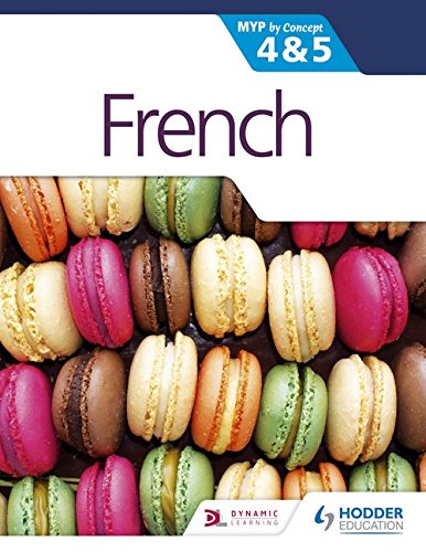 "Book cover with 'French' title, colorful macarons, and publisher logos."