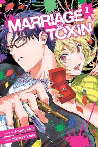 Man and woman amidst colorful splatters, man holds syringe, woman holds ring box.