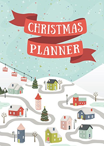 Christmas planner cover with snowy village illustration and red ribbon text.