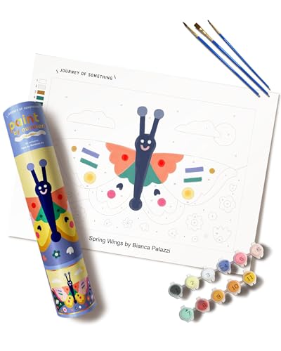 Paint by numbers kit with a butterfly design and painting supplies.