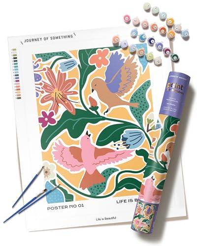 Paint by numbers kit with birds and flowers, paints, and brushes.