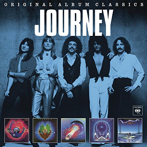Five band members and five album covers on a blue-tinted music compilation cover.