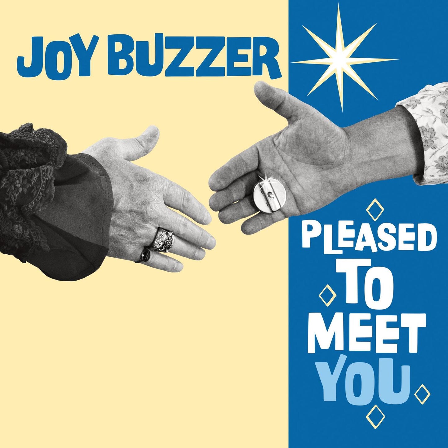 Two hands reaching for a handshake, one holding a silver joy buzzer device.