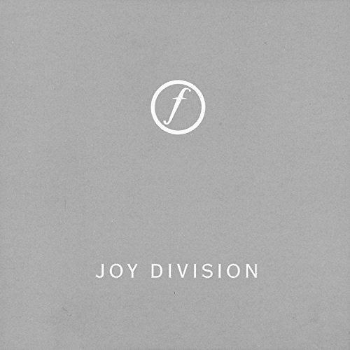 The image shows a grey vinyl record cover with "Joy Division" written on it. Alt text: Grey vinyl album cover with white "f" logo and "Joy Division" text.
