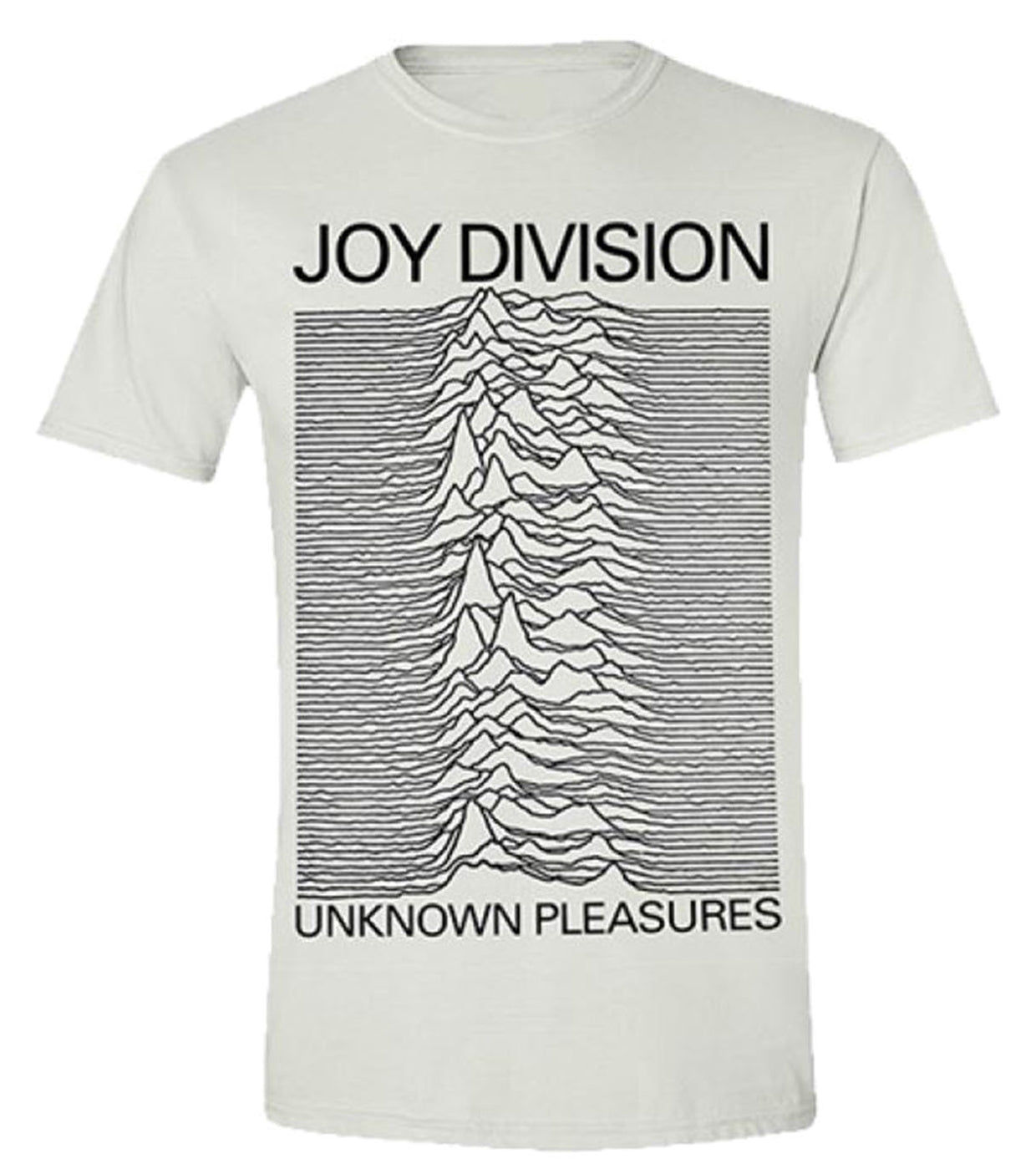 White t-shirt with black Joy Division “Unknown Pleasures” album art.