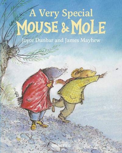 A mouse in a yellow coat and a mole in a red coat standing outdoors.