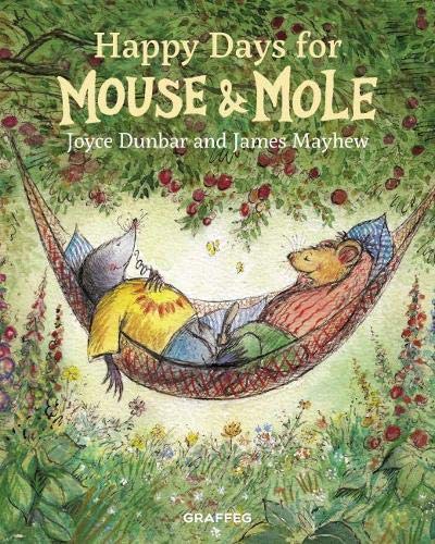 Mouse and Mole relaxing in a red hammock under a berry-laden tree.