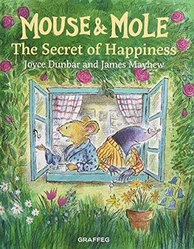 A mouse and a mole look out of a window surrounded by garden flowers.
