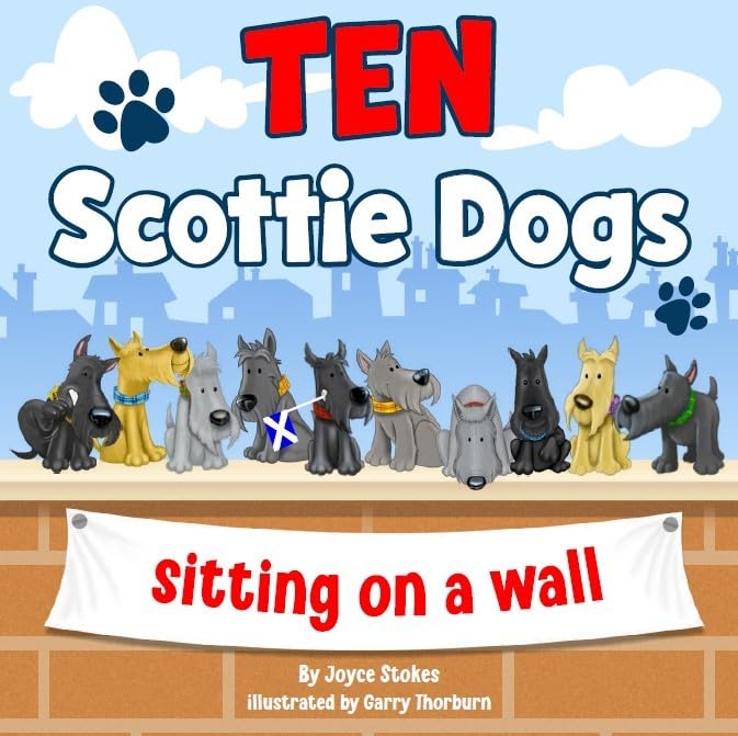 Book cover: ten illustrated Scottie dogs sitting on a brick wall.