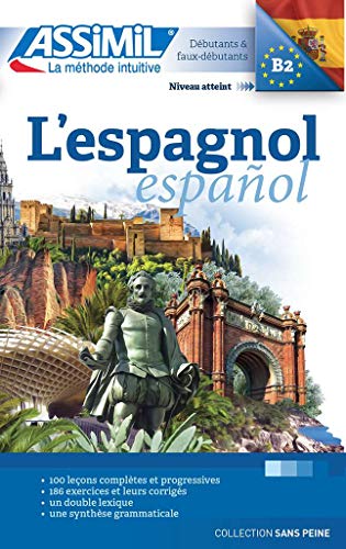 Front cover of the Assimil Spanish language learning book featuring a collage of landmarks.