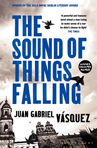 Book cover with large blue text, falling birds, and a city skyline.