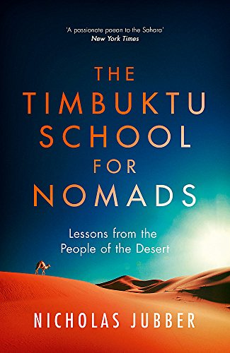 Book cover with desert landscape, a person with a camel, and bold title.