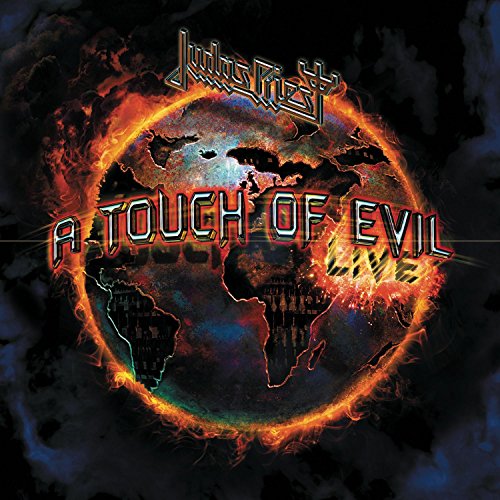Judas Priest album cover: flaming globe with band logo and title.