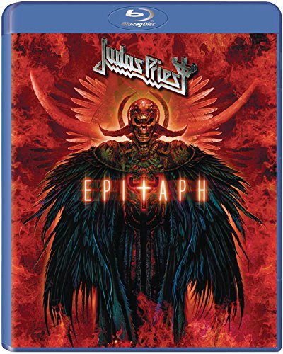 Judas Priest Epitaph Blu-ray cover featuring a winged, skeletal figure against a fiery background.