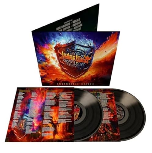 Judas Priest’s “Invincible Shield” double vinyl record and gatefold cover.