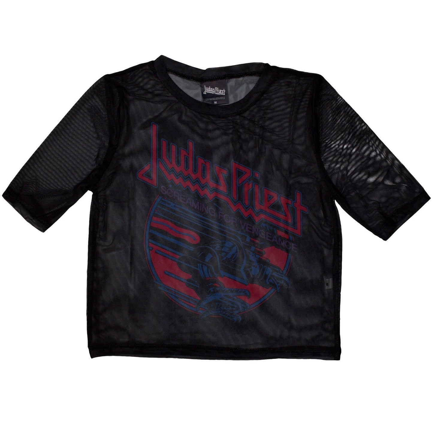 Black mesh crop top featuring Judas Priestās āScreaming For Vengeanceā album art.