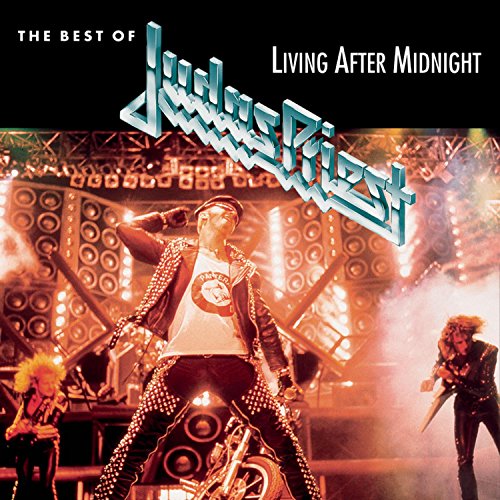 Judas Priest album cover: band performing on a dark stage.